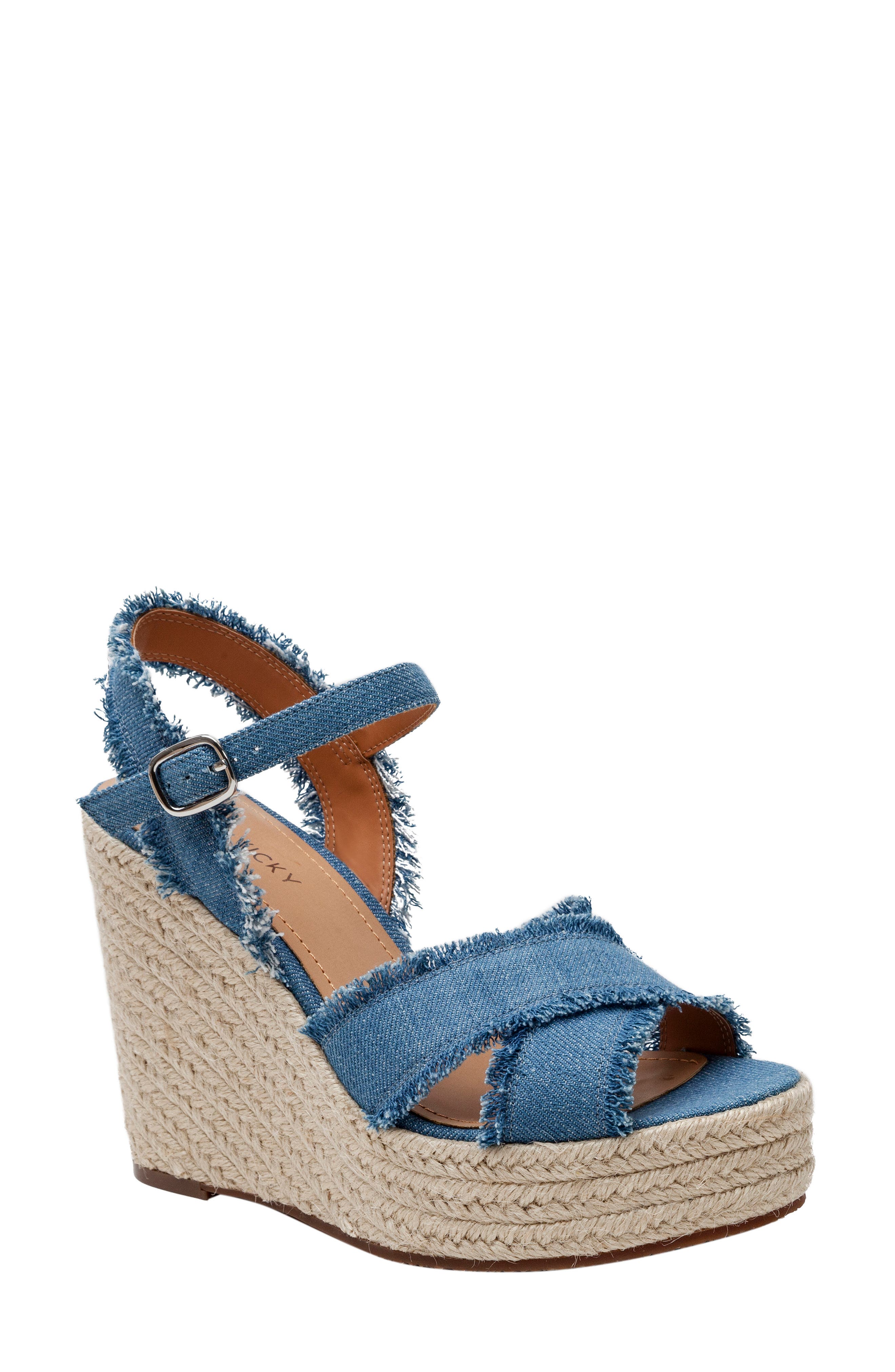 Soludos Womens Wedge Sandal Denim Chambray Blue Ankle Strap Buckle Size 6